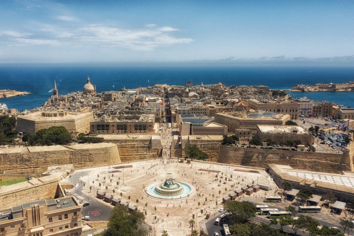 Valletta and the Triton Fountain from the air